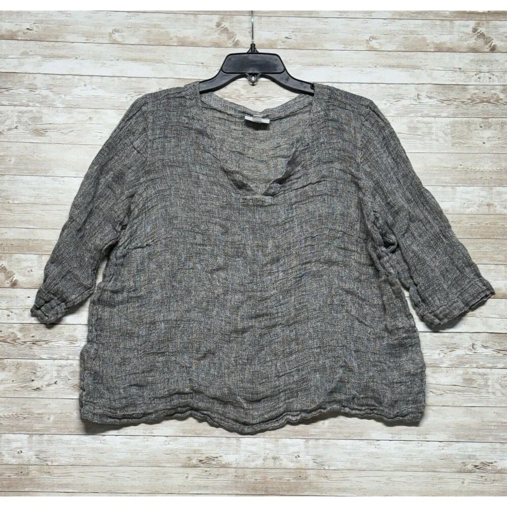 J Jill Purejill Linen Gray White Blouse Shirt Womens 1X 100% Linen Short Sleeve